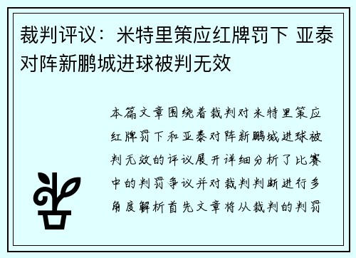 裁判评议：米特里策应红牌罚下 亚泰对阵新鹏城进球被判无效